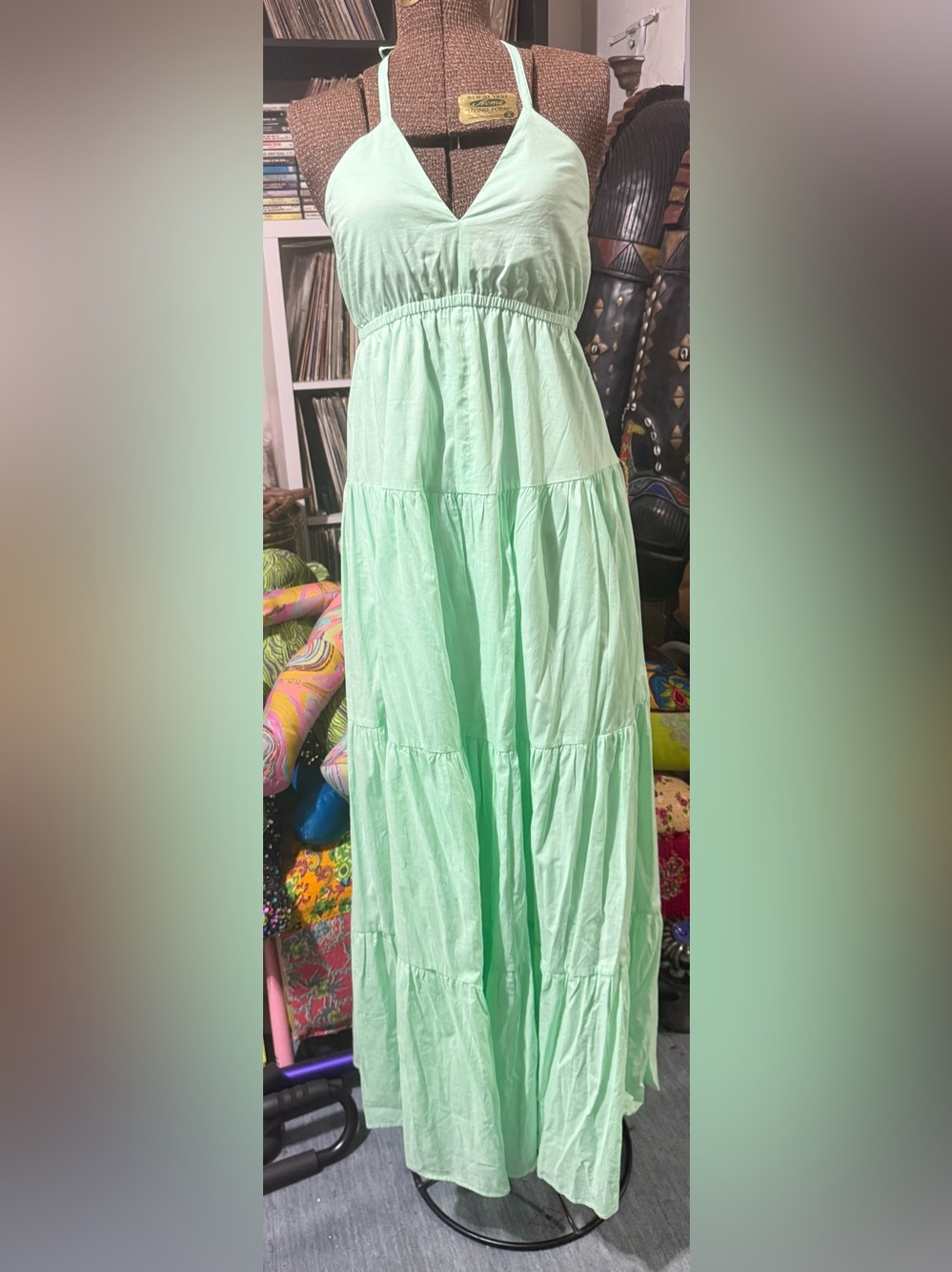 New Express Womens Seafoam Green Cotton Halter Tiered Maxi Dress Size XS